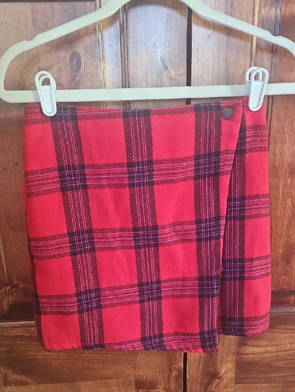 No Boundaries Red Plaid Wrap Mini Skirt